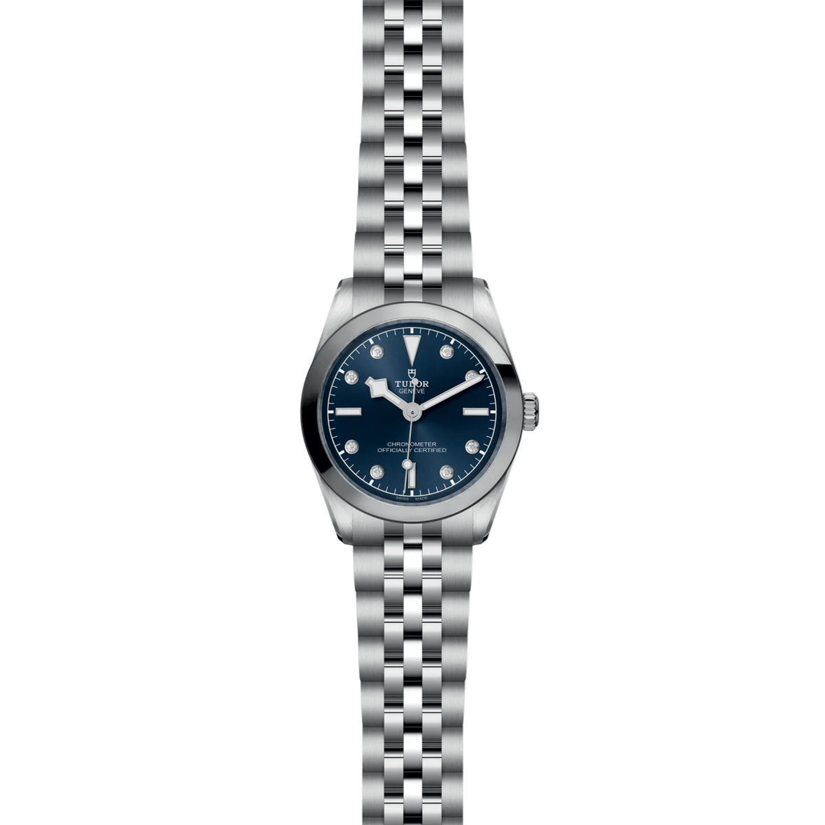 full view of Tudor Black Bay One watch showing the complete stainless steel bracelet and compact 31mm case proportions