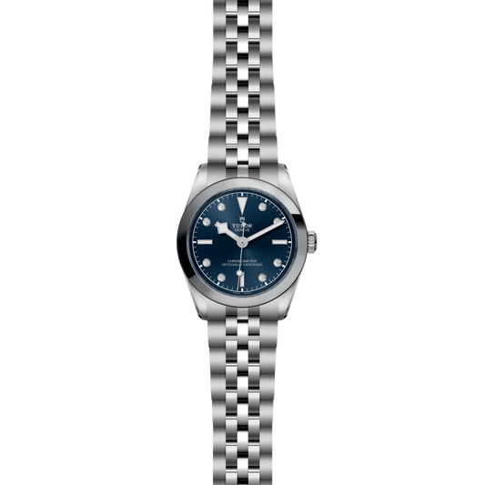 full view of Tudor Black Bay One watch showing the complete stainless steel bracelet and compact 31mm case proportions