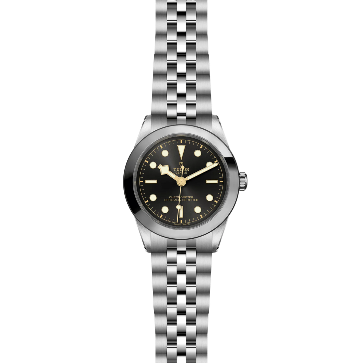 Silver watch with black dial on a white background