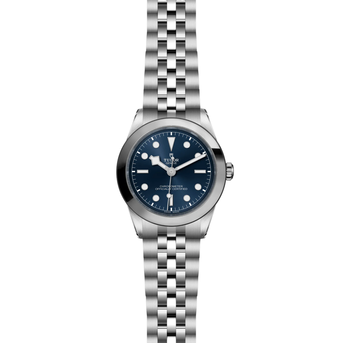full view of Tudor Black Bay One watch showing the complete stainless steel bracelet and balanced case proportions