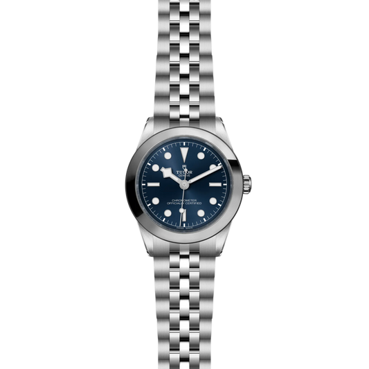 full view of Tudor Black Bay One watch showing the complete stainless steel bracelet and balanced case proportions
