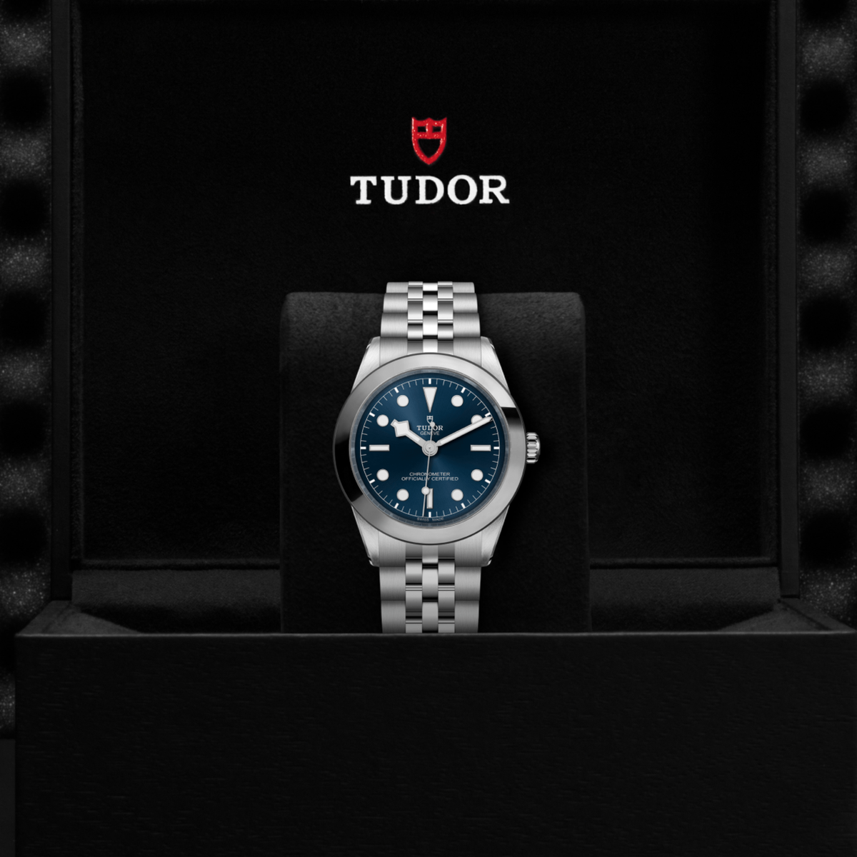 Tudor Black Bay One watch displayed in its presentation box showcasing the premium packaging and interior finish