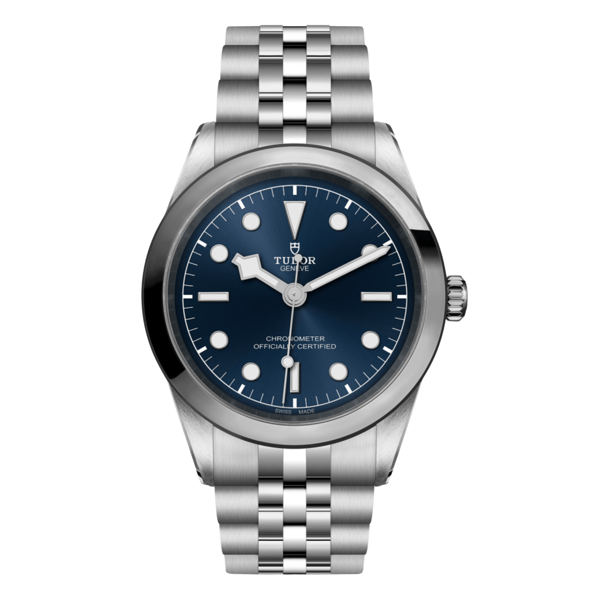 Tudor Black Bay One watch with black dial, smooth steel bezel and stainless steel bracelet