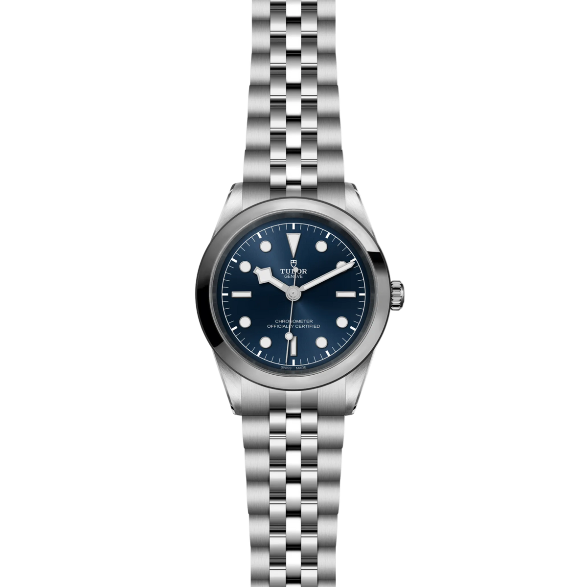 full view of Tudor Black Bay One watch showing the complete stainless steel bracelet and clean, balanced case profile
