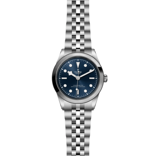 full view of Tudor Black Bay One watch showing the complete stainless steel bracelet and clean, balanced case profile