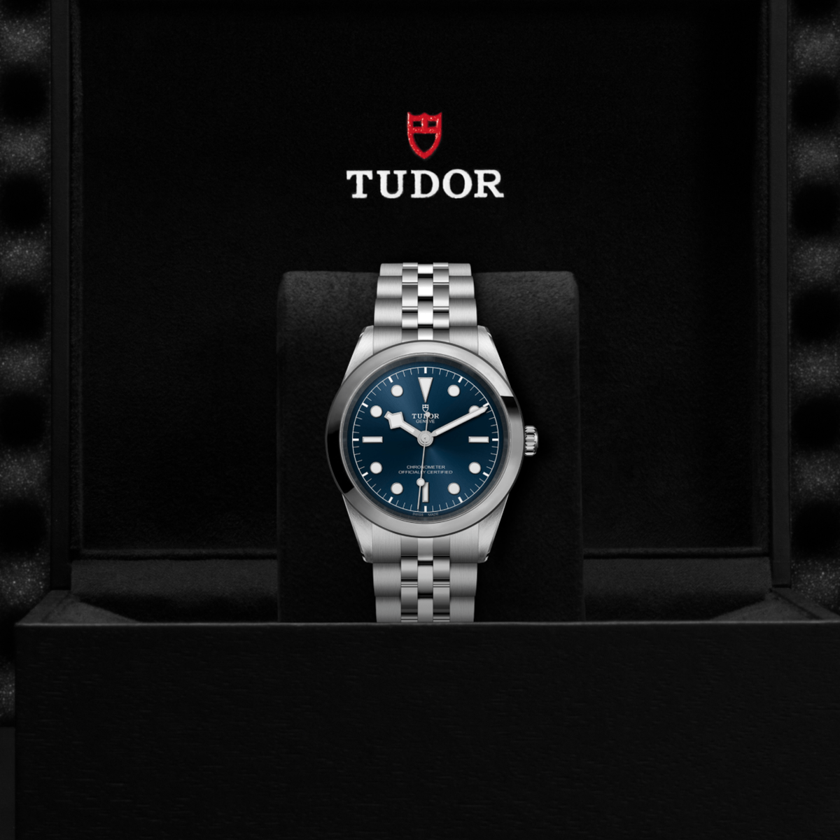 Tudor Black Bay One watch displayed in its presentation box showcasing the premium packaging and interior finish