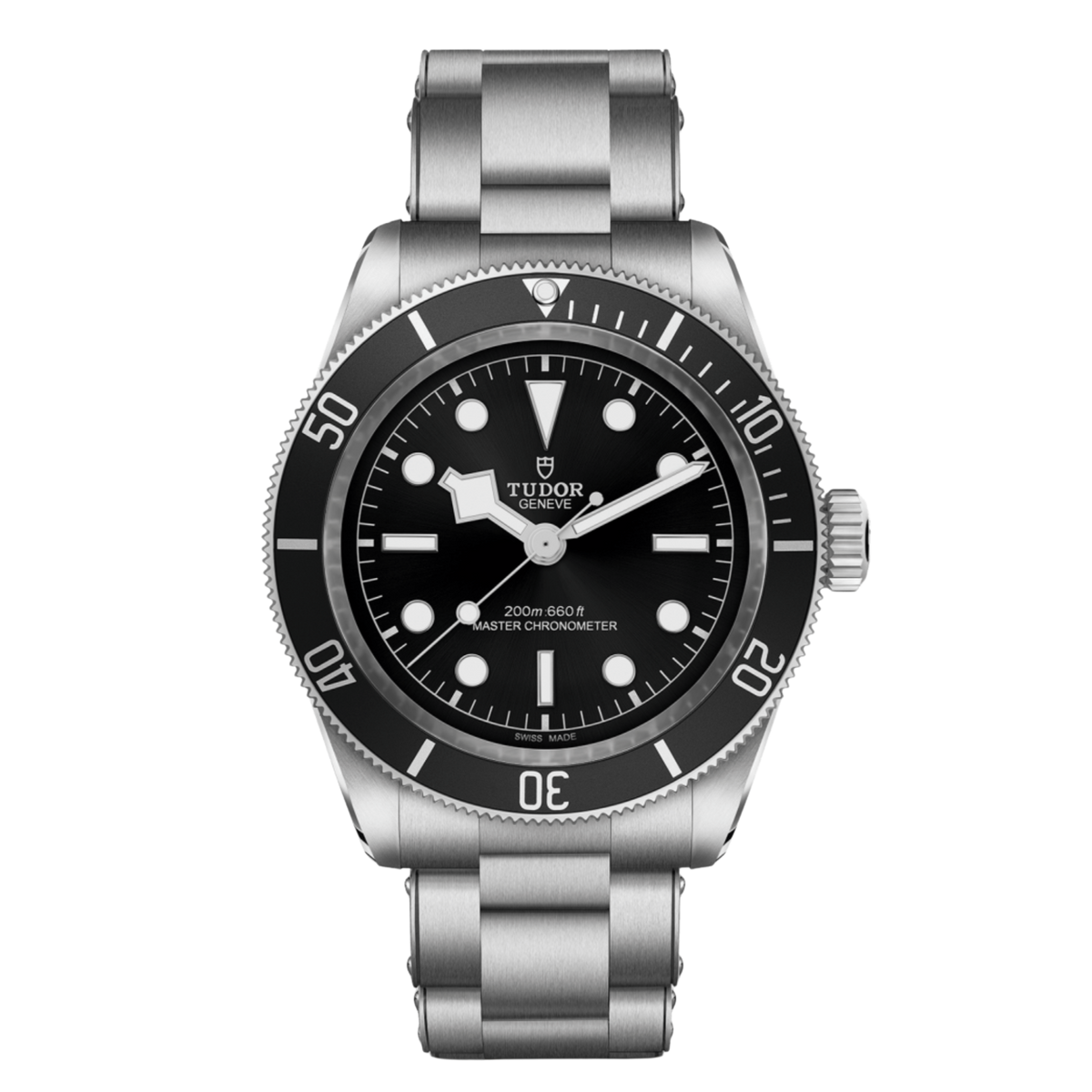 Tudor dive watch with black dial, black bezel, luminous markers and stainless steel bracelet