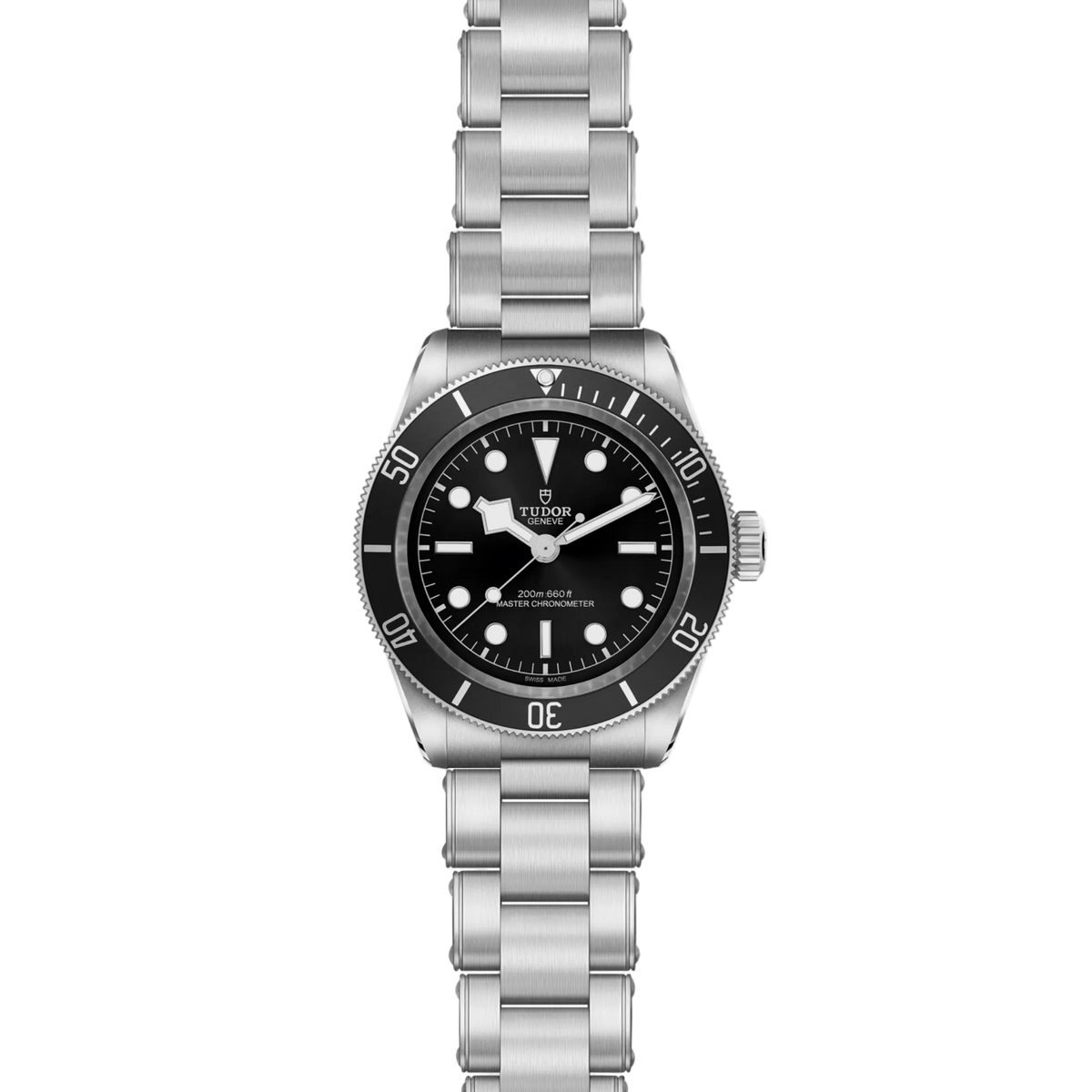 full view of Tudor dive watch showing the complete stainless steel bracelet and robust, tool-watch case profile