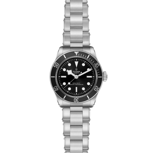full view of Tudor dive watch showing the complete stainless steel bracelet and robust, tool-watch case profile