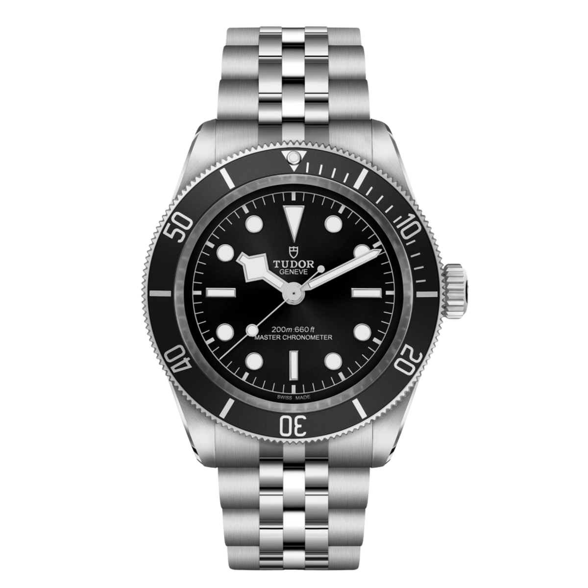 Tudor dive watch with black dial, black bezel, luminous markers and stainless steel bracelet.