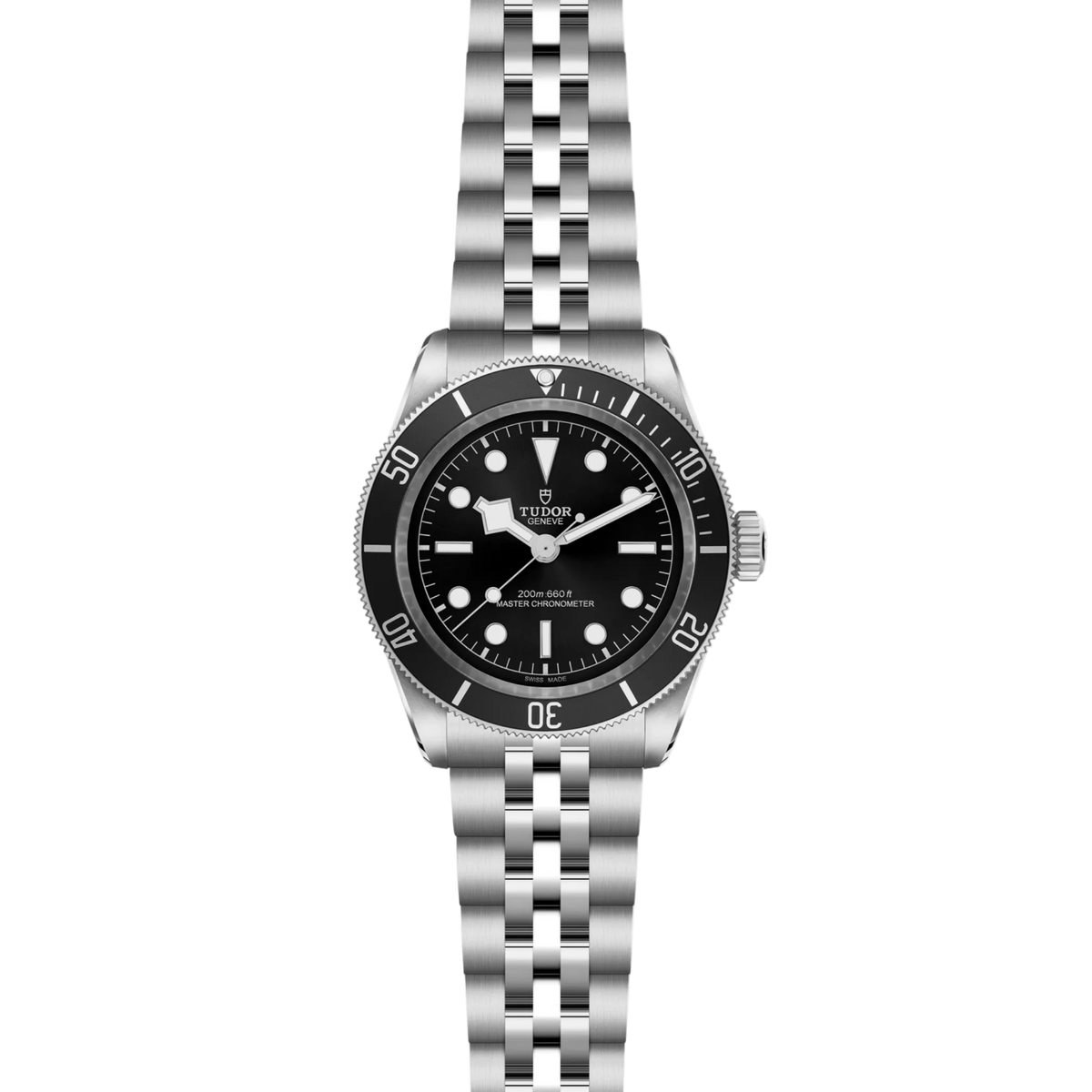 full view of Tudor dive watch showing the complete stainless steel bracelet and robust, tool-watch case profile