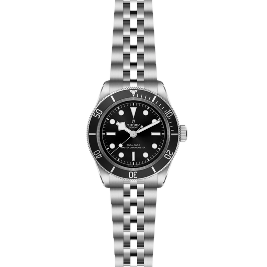 full view of Tudor dive watch showing the complete stainless steel bracelet and robust, tool-watch case profile