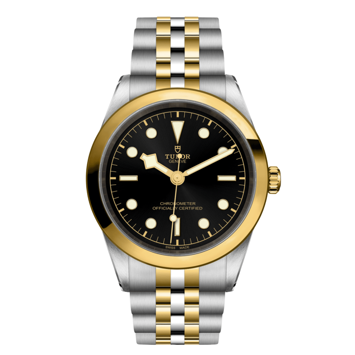 Tudor Black Bay One watch with black dial, smooth yellow gold bezel and steel and yellow gold bracelet