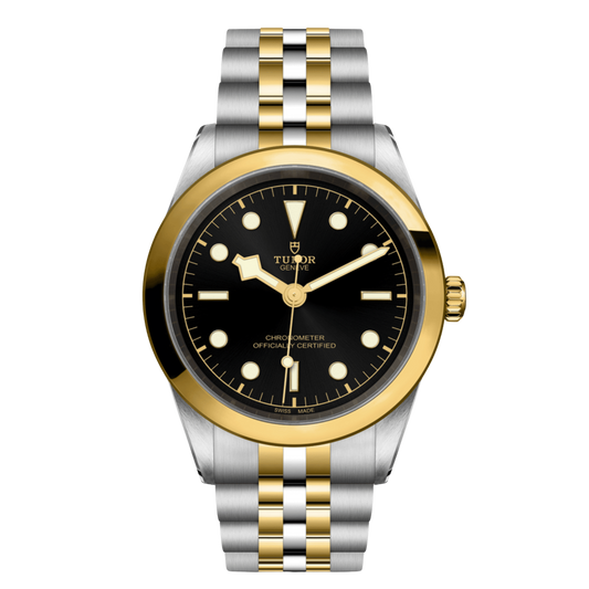 Tudor Black Bay One watch with black dial, smooth yellow gold bezel and steel and yellow gold bracelet