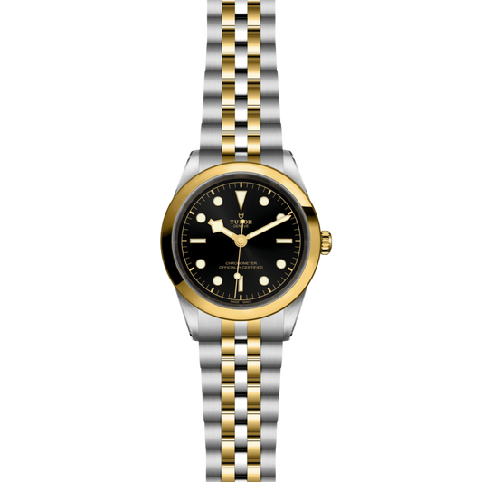 full view of Tudor Black Bay One watch showing the full two-tone bracelet and balanced case proportions
