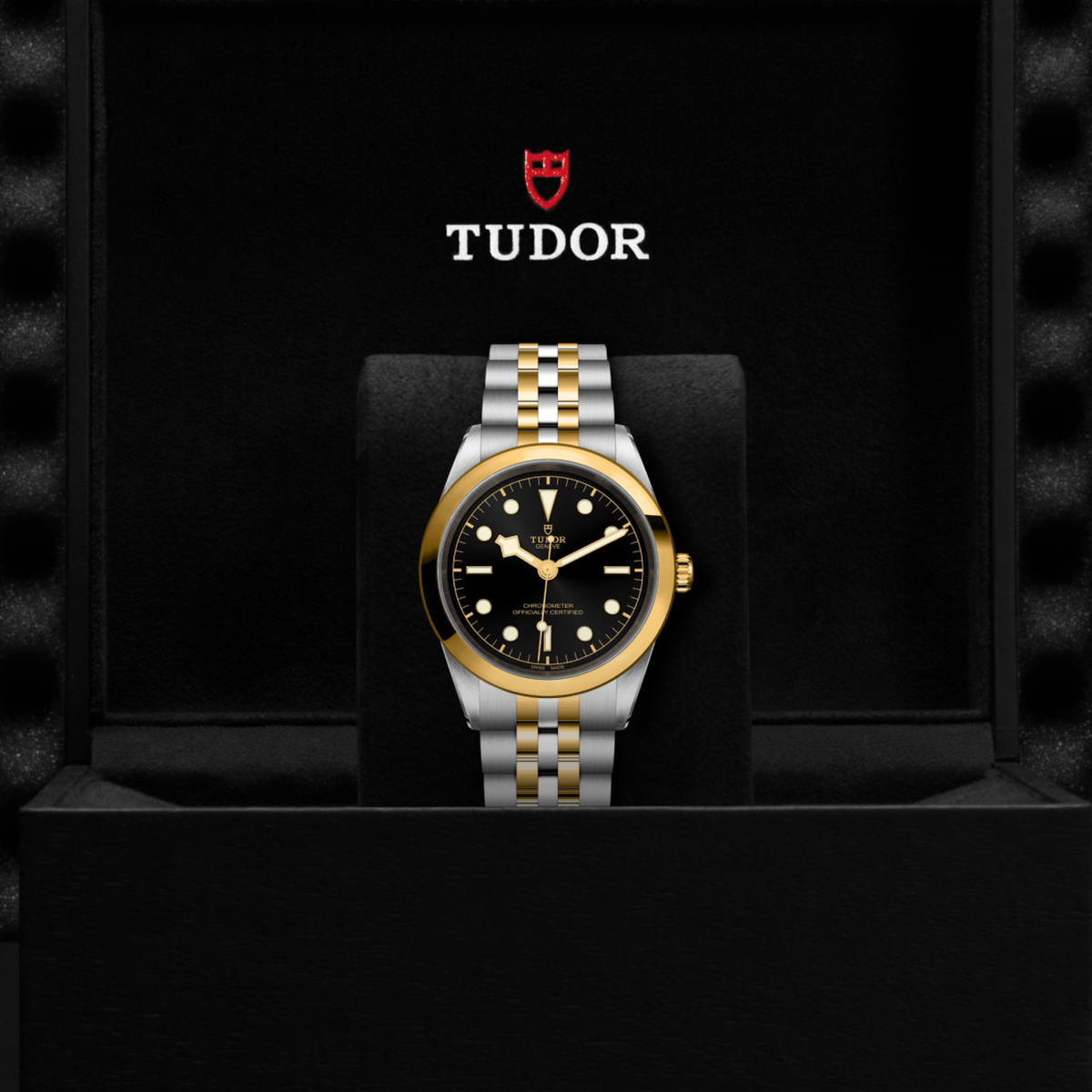 Tudor Black Bay One watch displayed in its presentation box showcasing the premium packaging and interior finish