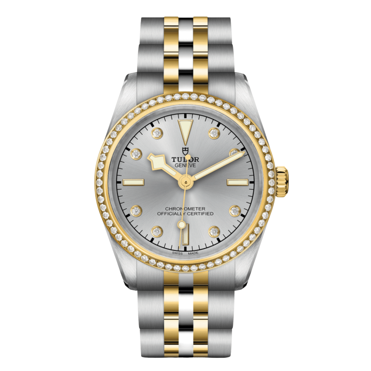 Tudor Black Bay One watch with silver diamond-set dial, diamond bezel and steel and yellow gold bracelet