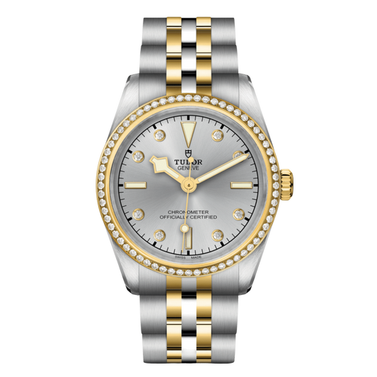 Tudor Black Bay One watch with silver diamond-set dial, diamond bezel and steel and yellow gold bracelet