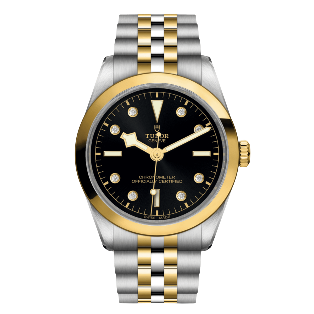 Stainless steel two-tone Tudor Black Bay with black dial and gold coloured bezel. 