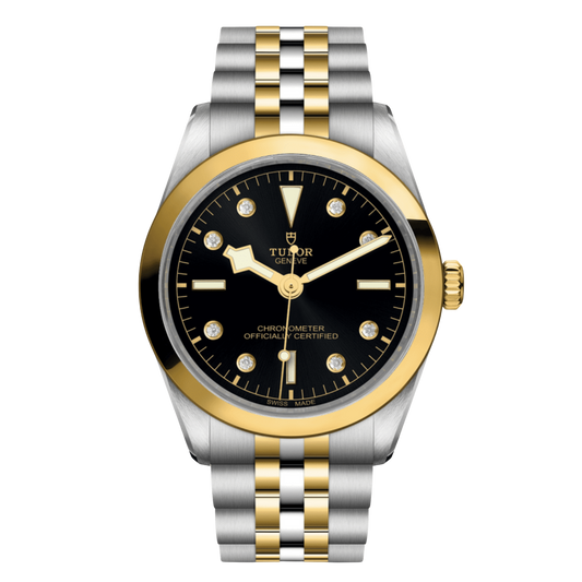 Stainless steel two-tone Tudor Black Bay with black dial and gold coloured bezel. 