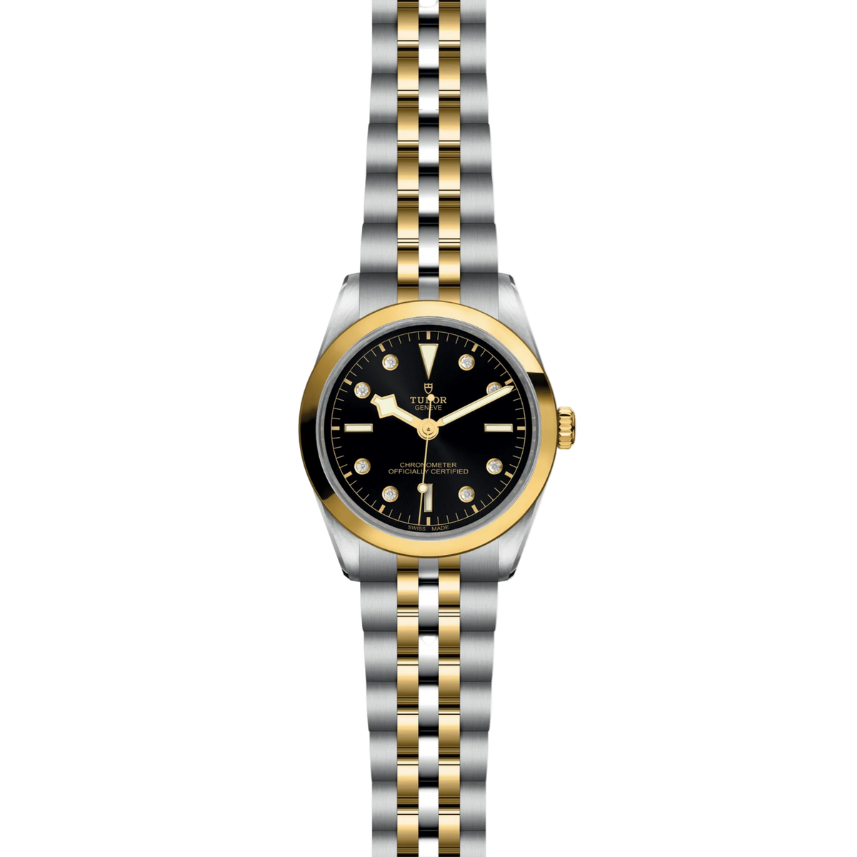 Tudor Black Bay One with black dial, diamond hour marker and yellow gold coloured stainless steel bezel.