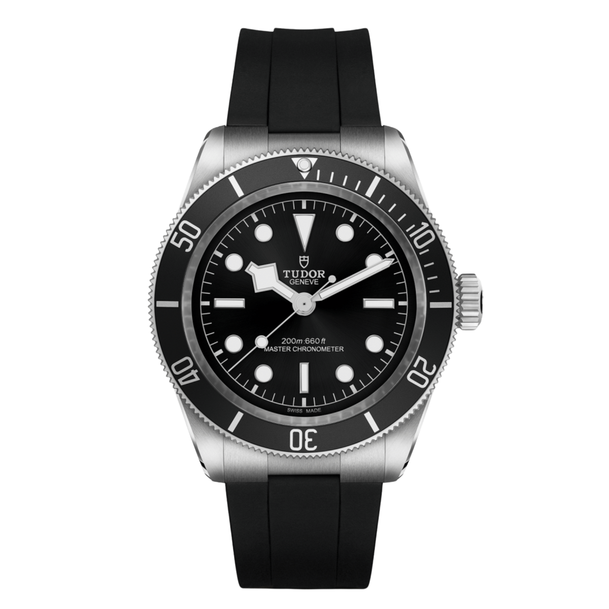 Tudor dive watch with black dial, black bezel, luminous markers and black rubber strap