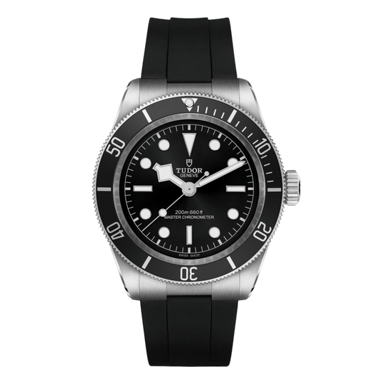 Tudor dive watch with black dial, black bezel, luminous markers and black rubber strap