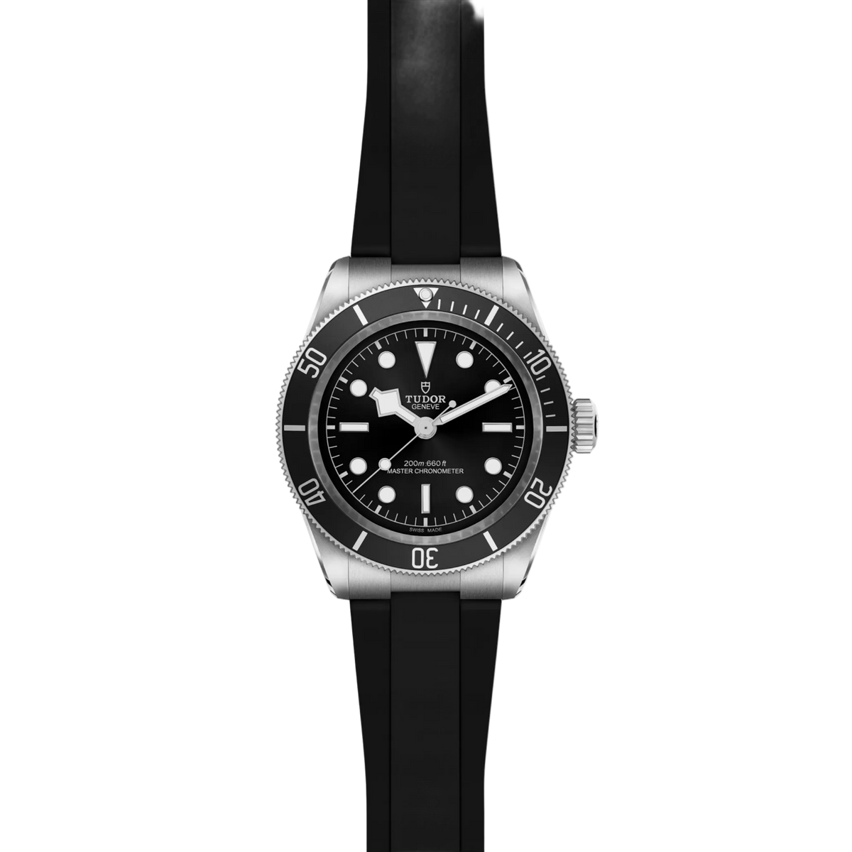 full view of Tudor dive watch showing the complete rubber strap and robust, tool-watch case profile