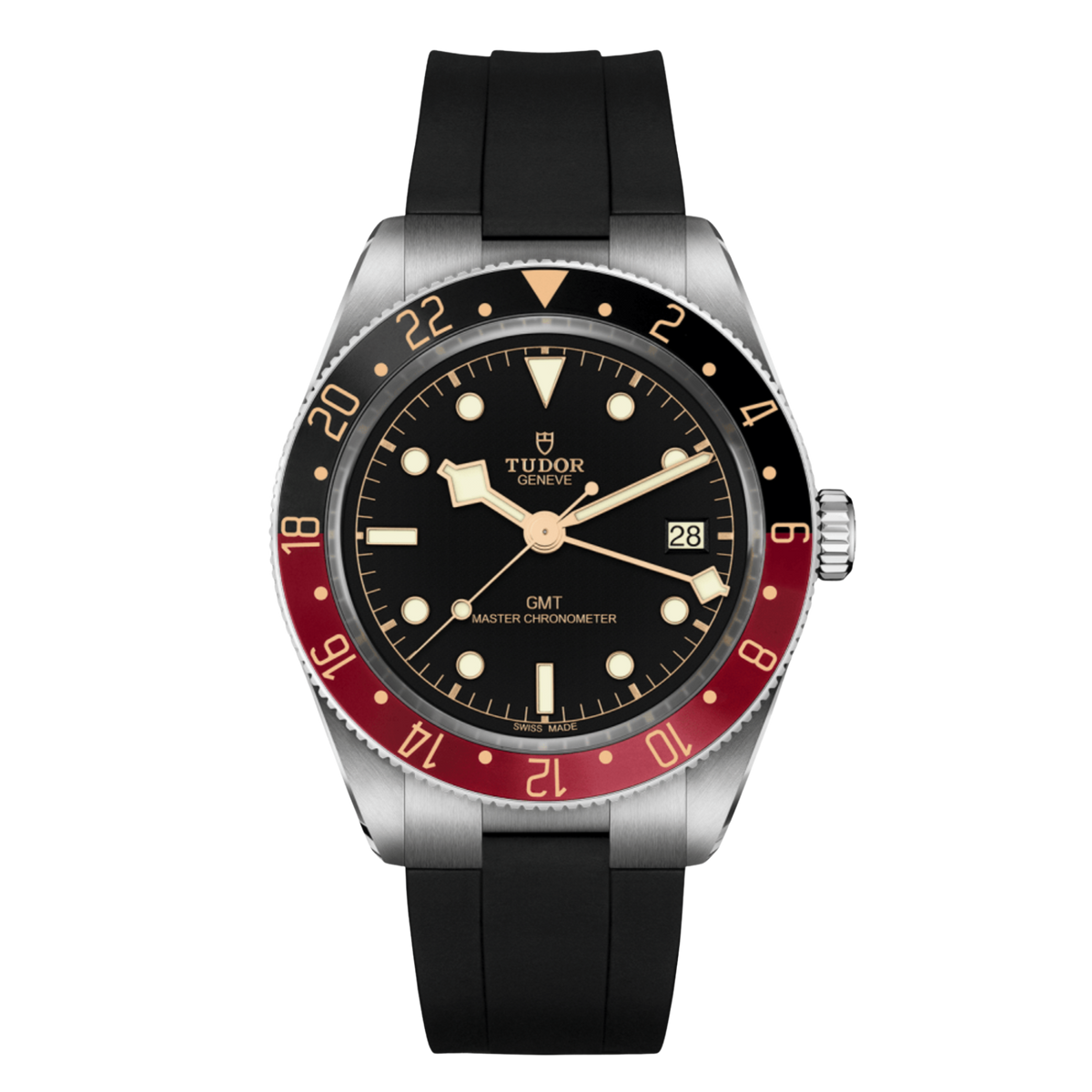 Tudor GMT watch with black dial, bi-colour black and red bezel, luminous markers and black rubber strap