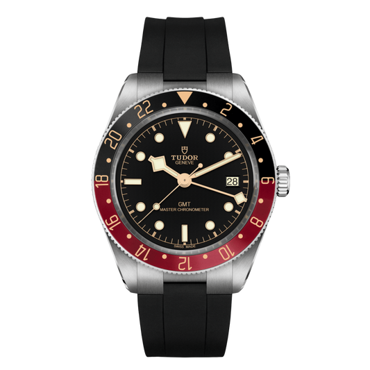 Tudor GMT watch with black dial, bi-colour black and red bezel, luminous markers and black rubber strap