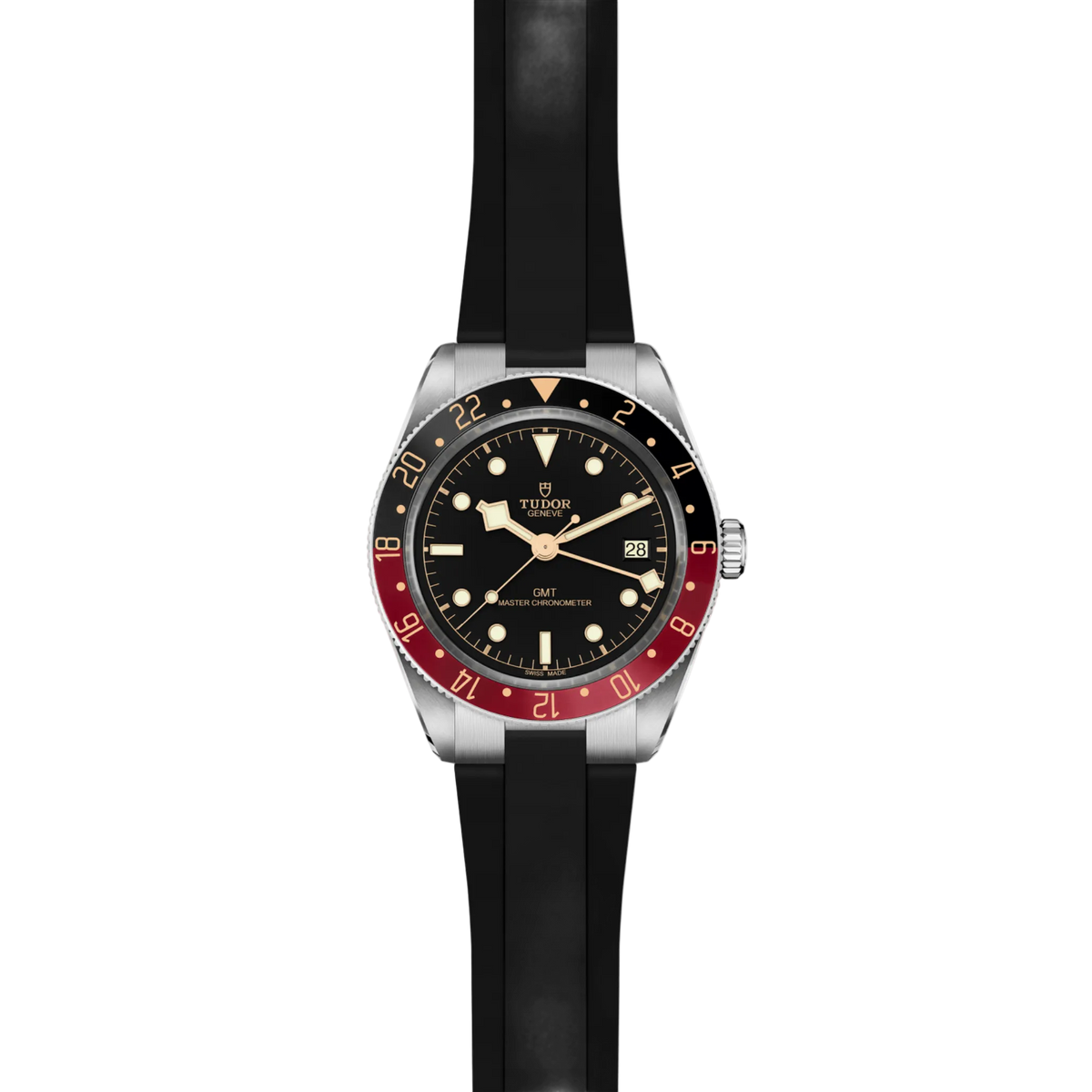 full view of Tudor GMT watch showing the complete rubber strap and strong, sporty case profile