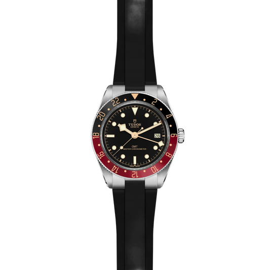full view of Tudor GMT watch showing the complete rubber strap and strong, sporty case profile