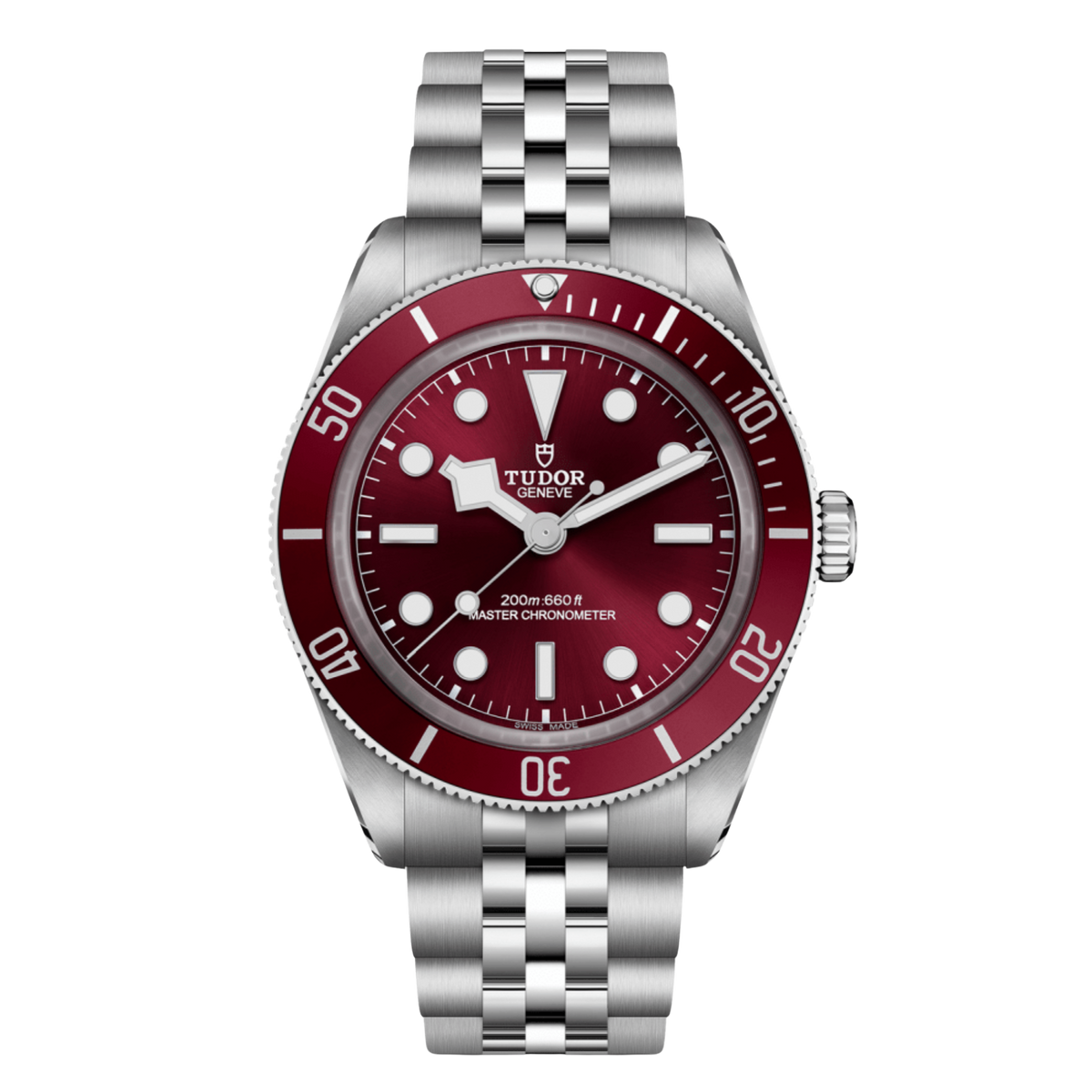 Tudor dive watch with red dial, matching bezel, luminous markers and stainless steel bracelet