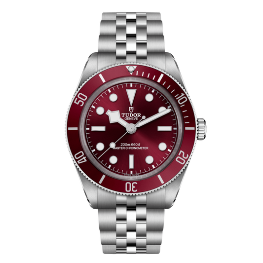 Tudor dive watch with red dial, matching bezel, luminous markers and stainless steel bracelet