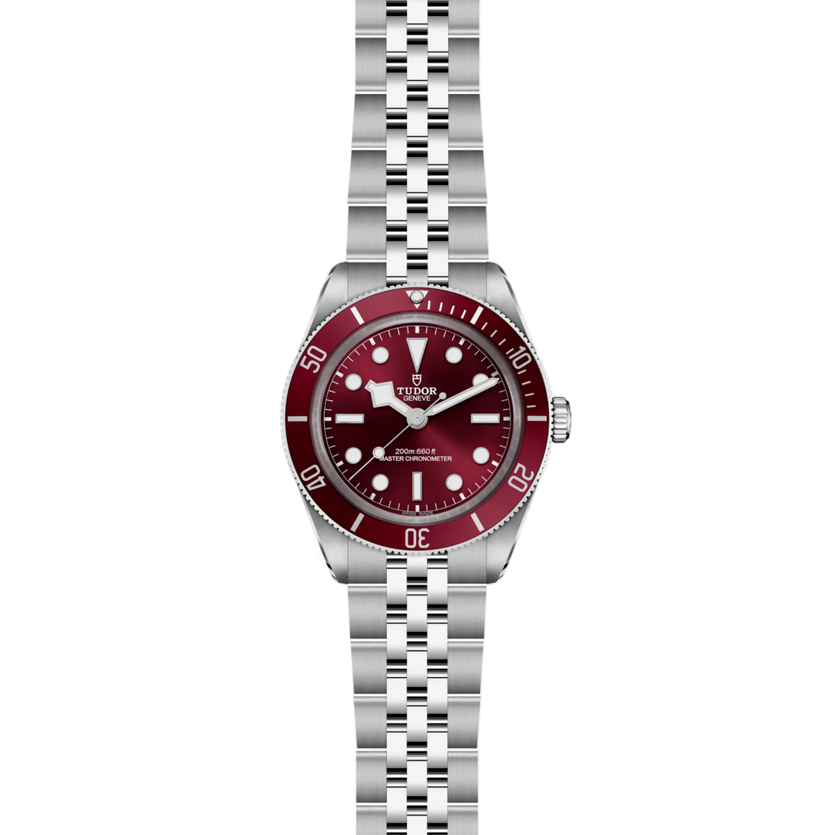 full view of Tudor dive watch showing the complete stainless steel bracelet and robust case profile