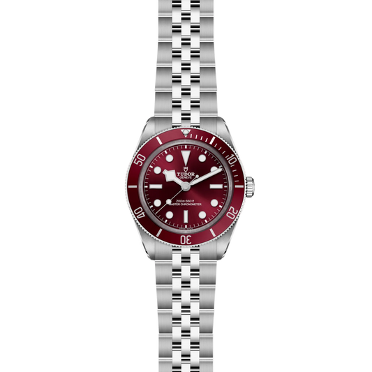 full view of Tudor dive watch showing the complete stainless steel bracelet and robust case profile