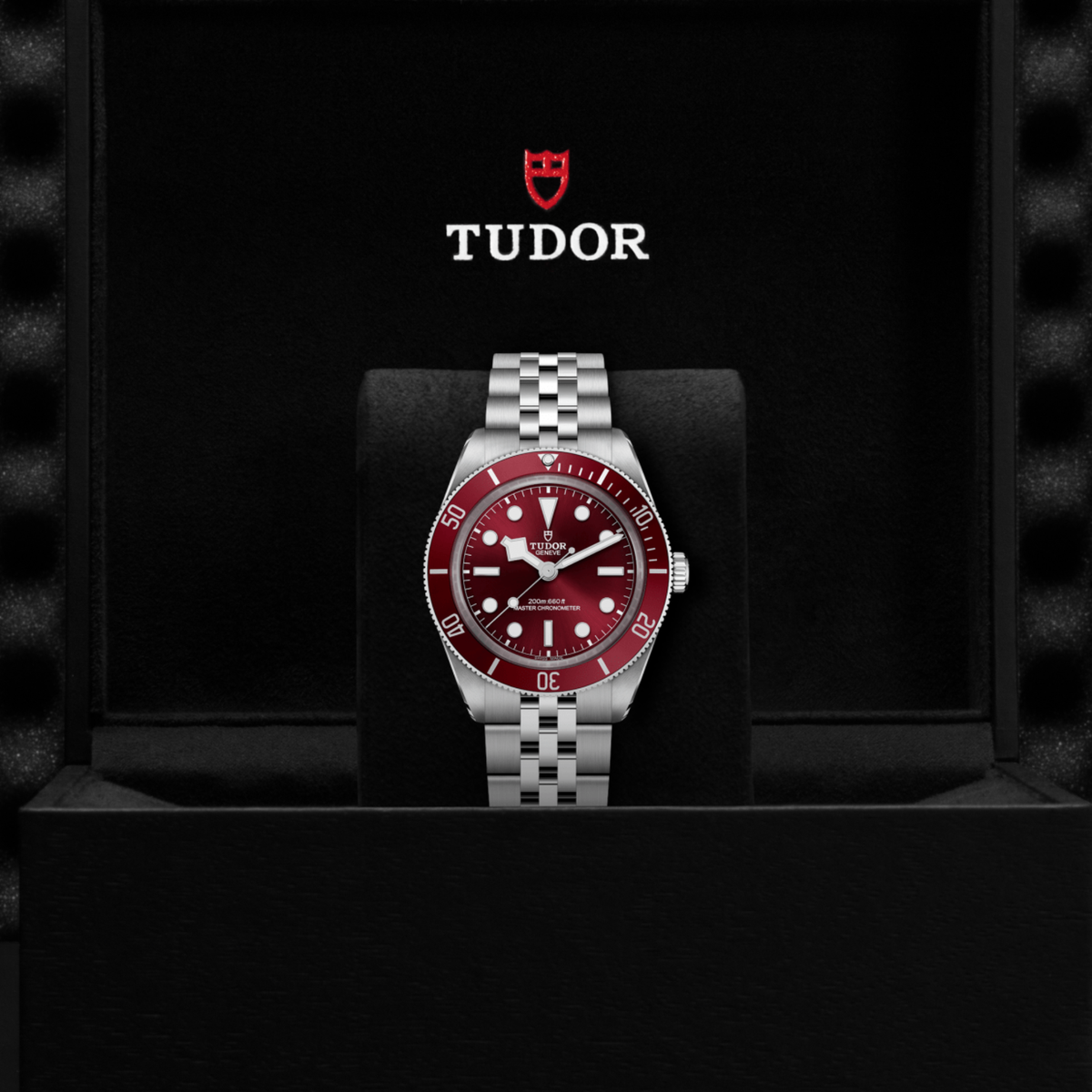 Tudor dive watch displayed in its presentation box showcasing the premium packaging and interior finish