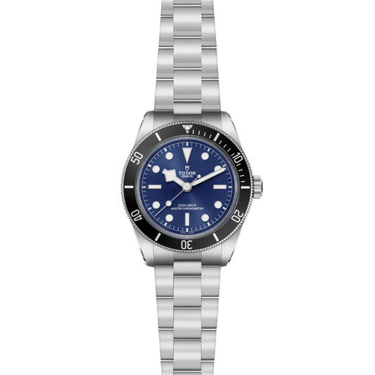 full view of Tudor dive watch showing the complete stainless steel bracelet and robust, tool-watch case profile