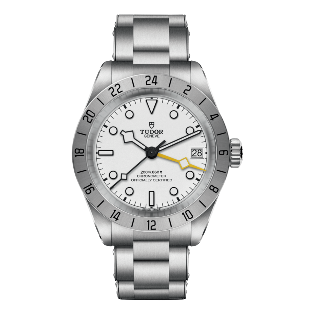 Tudor GMT watch with white dial, fixed 24-hour steel bezel, yellow GMT hand and stainless steel bracelet