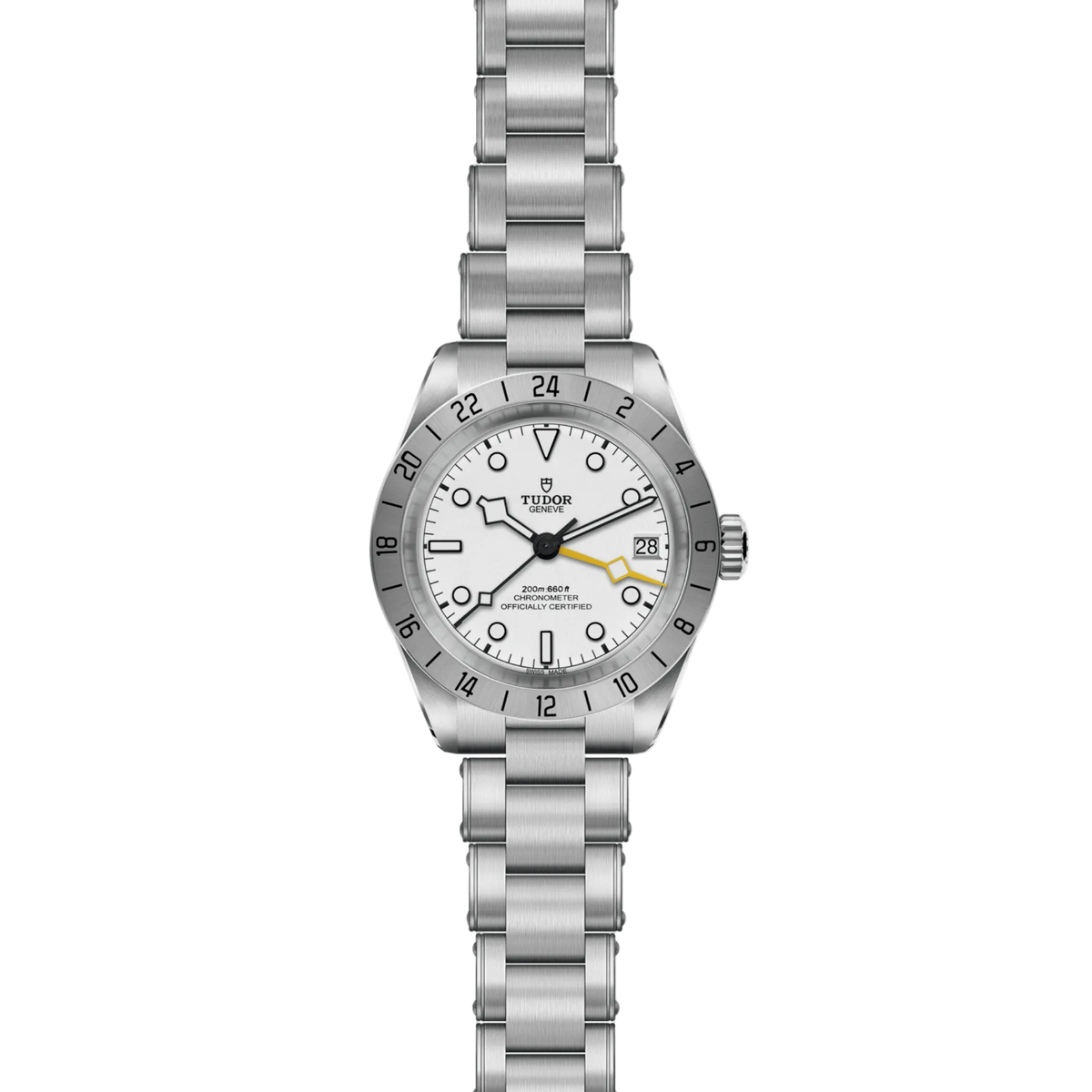 full view of Tudor GMT watch showing the complete stainless steel bracelet and clean, balanced case profile