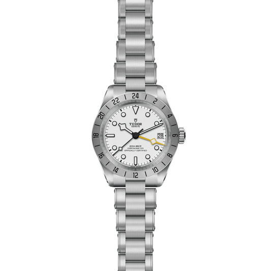 full view of Tudor GMT watch showing the complete stainless steel bracelet and clean, balanced case profile