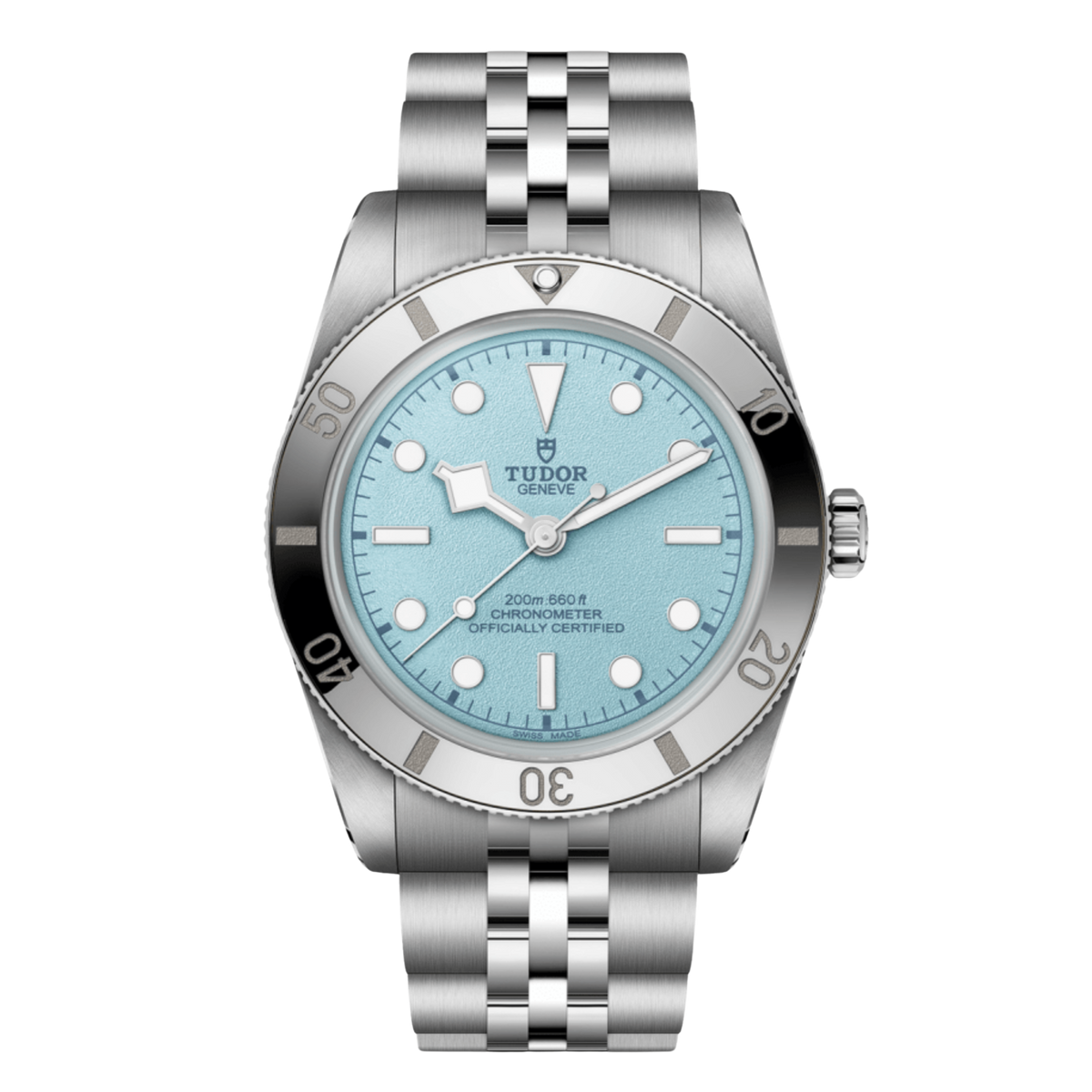 Stainless steel 37mm Tudor Black Bay watch with bright blue dial.