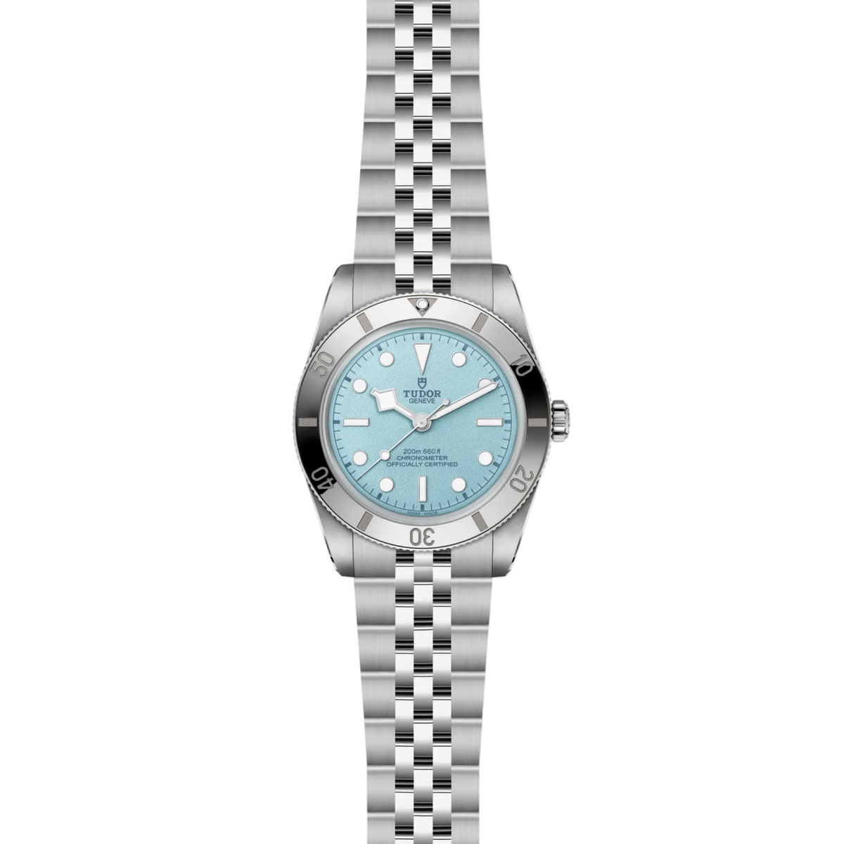 Silver watch with a light blue face on a white background
