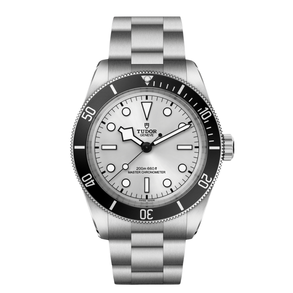 Tudor dive watch with white dial, black bezel, luminous markers and stainless steel bracelet