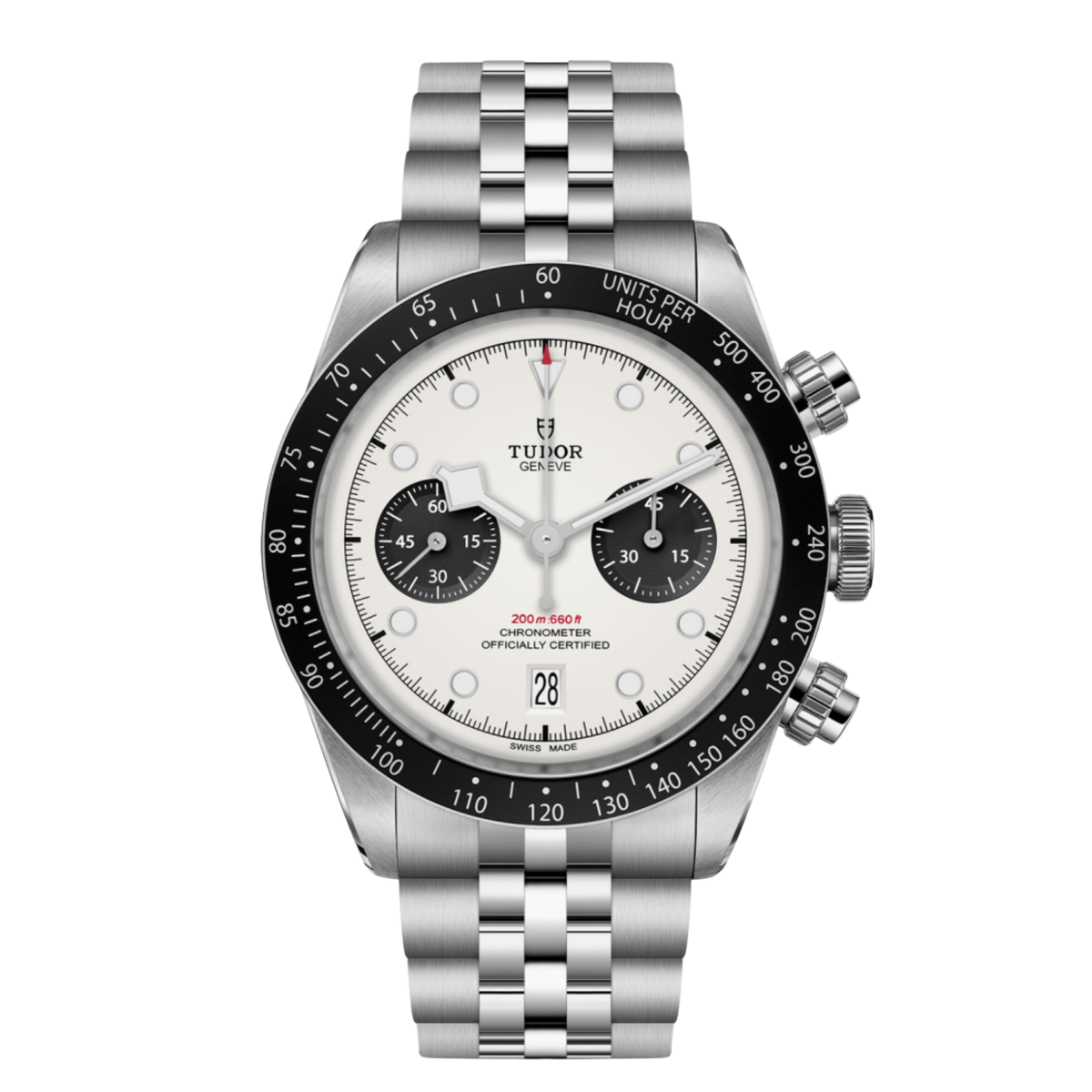 Tudor chronograph watch with white dial, black sub-dials, tachymeter bezel and stainless steel bracelet