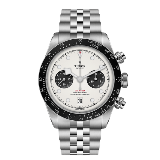 Tudor chronograph watch with white dial, black sub-dials, tachymeter bezel and stainless steel bracelet