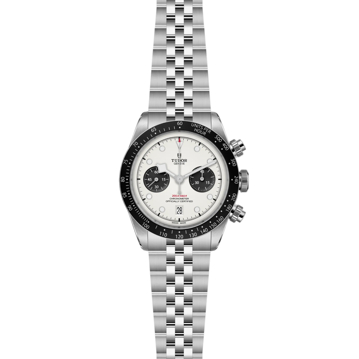 full view of Tudor chronograph showing the complete stainless steel bracelet and balanced sporty case design