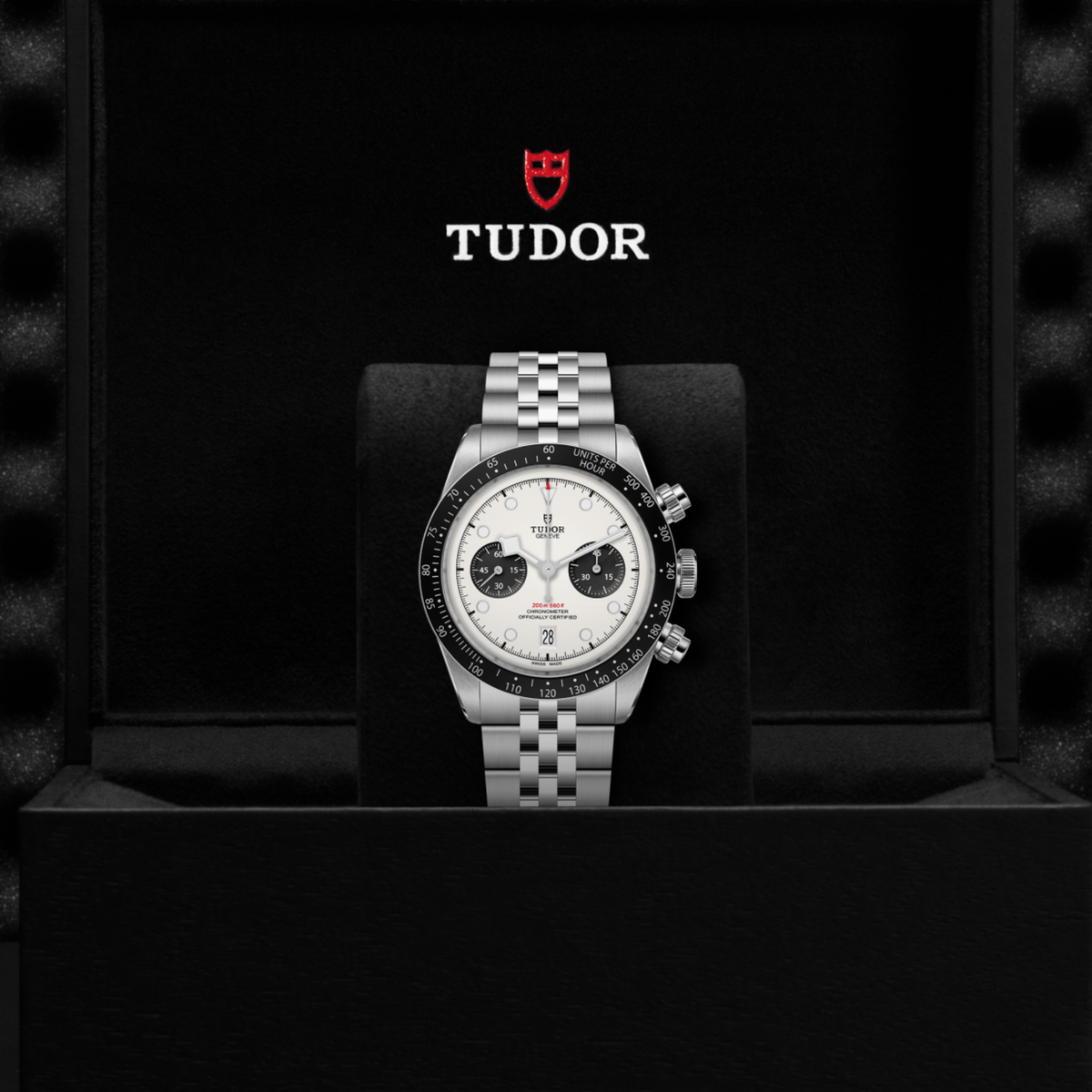 Tudor chronograph displayed in its presentation box showcasing the premium packaging and interior finish