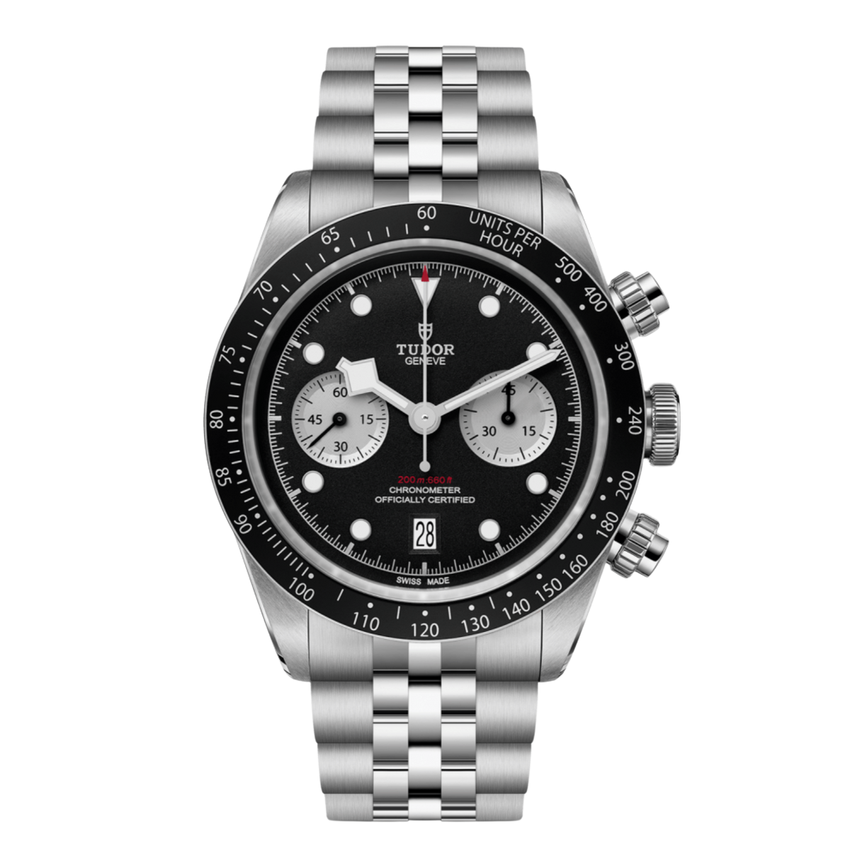 Tudor chronograph watch with black dial, silver sub-dials, tachymeter bezel and stainless steel bracelet