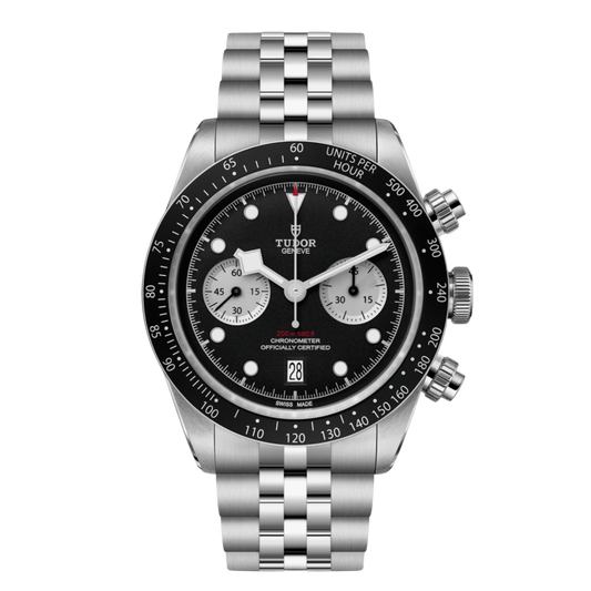 Tudor chronograph watch with black dial, silver sub-dials, tachymeter bezel and stainless steel bracelet